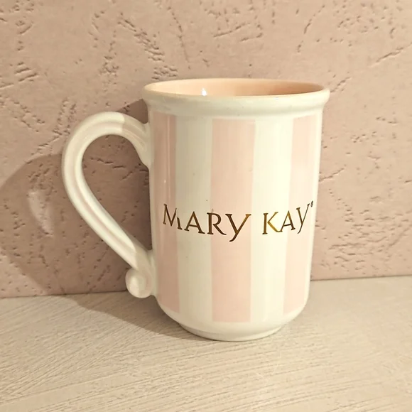 MARY KAY pink and white striped mug, gold logo ceramic mug promotional EUC - Picture 2 of 7